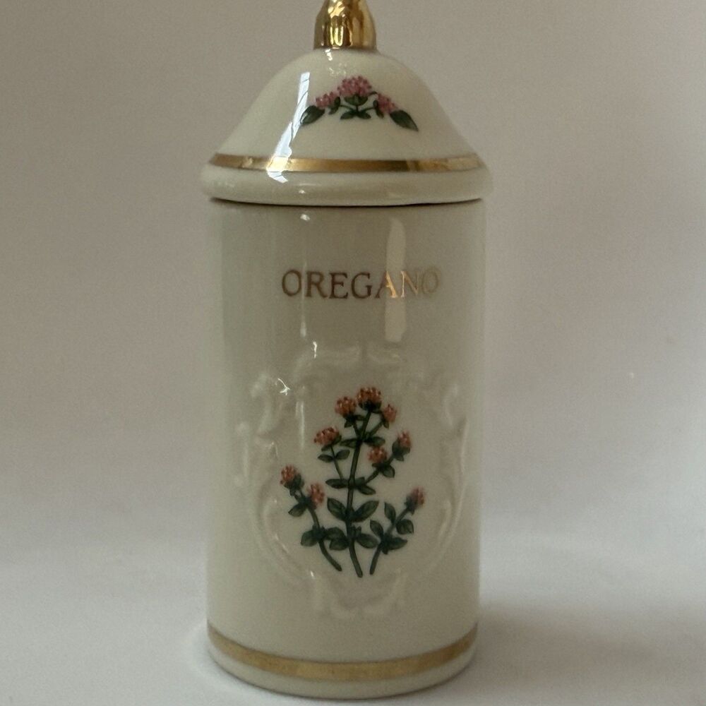 Lenox Spice Garden Oregano Spice Jar 1992 Fine Porcelain Floral Gold Trim 4 in